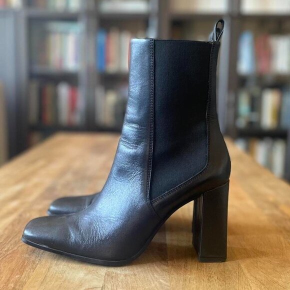 Zara Black Leather Ankle Boots, with Block Heel - Picture 1 of 3